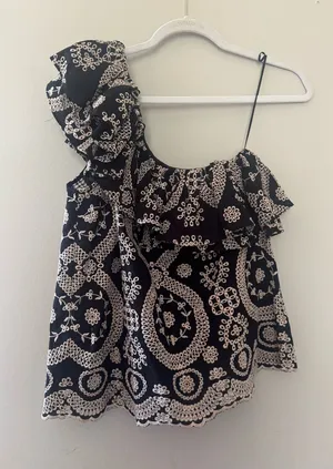LoveShackFancy Black & Cream One-Shoulder Ruffle Embroidered Crop Top thumbnail 1