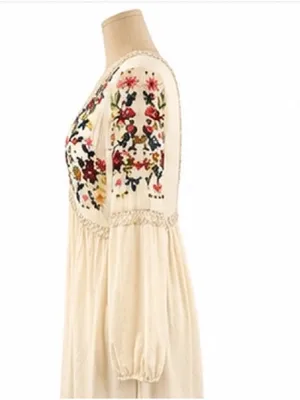 En Crème Embroidered Boho Babydoll Tunic Dress Ivory Rayon Embroidery Medium thumbnail 2