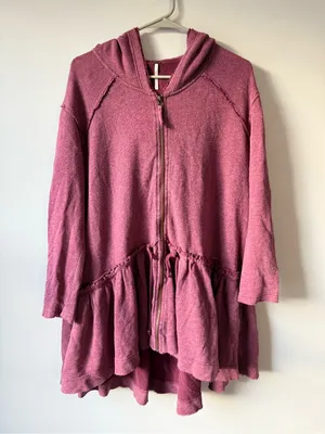 Free People Full Zip Sweatshirt Ruffle Flowy Hippie Boho Red Pink Size S M thumbnail 1