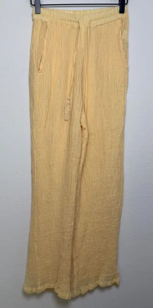 Monday‎ Women 100% Linen Pants P Yellow Wide Leg Gauze Summer Resort Vacation thumbnail 1