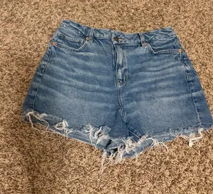 American Eagle Curvy Mom Shorts Size 10 Medium Blue Denim Raw Hem Cut Off Zip thumbnail 1
