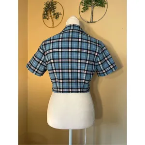 John Galt Blue Plaid Cropped Button Front Top One Size (XS / S) thumbnail 2