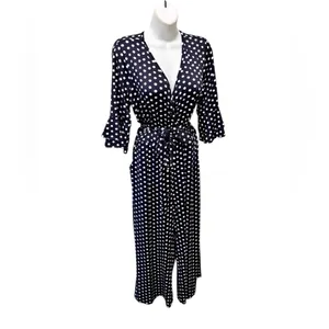 Venus Wide Leg Belted Jumpsuit Sz L Navy White Polka Dot Wrap Bust SS Cropped thumbnail 5