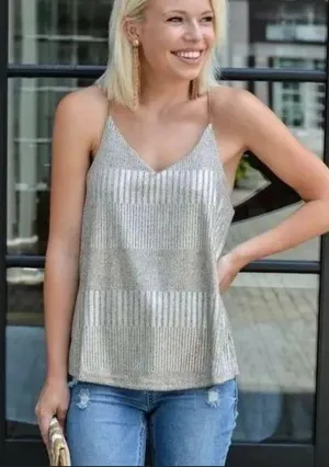 Bishop & Young Letitia Beige Metallic Racerback Shimmer Tank L thumbnail 1