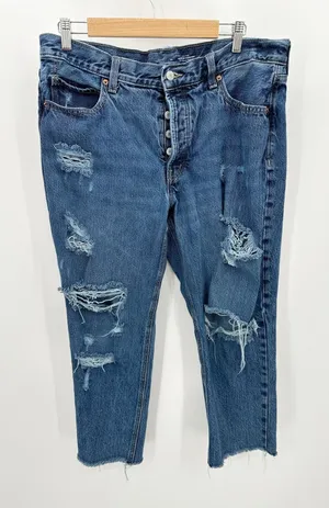 Old Navy Womens High‎ Rise Slouchy Straight Jeans 14 Blue Distressed Button Fly thumbnail 1