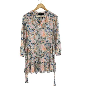 Tommy Hilfiger Floral V-Neck Ruffle Mini Dress XS Long Sleeve Tie Waist thumbnail 2