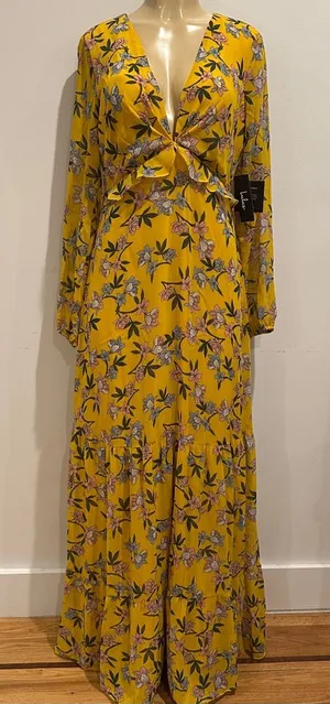 New Lulus Maxi Dress Sz M Thrive Together Yellow Floral Long Sleeves NWT thumbnail 1