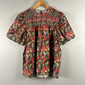 TCEC GREEN FLORAL SMOCK TOP puff sleeve cotton size medium thumbnail 2