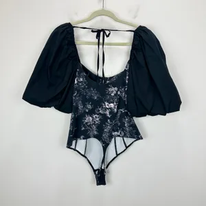 Free People Prarie Rose Puff Sleeve Bodysuit Black Coquette Romantic Large NWT thumbnail 9