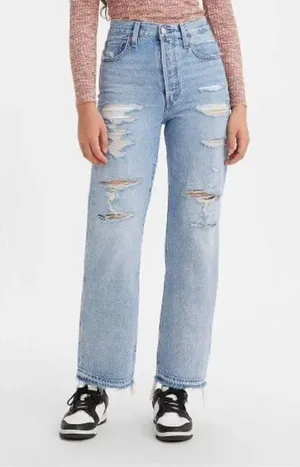 LEVI'S Ribcage High Rise Destructed Straight Jeans in Wash Haleys Comment US 28 thumbnail 14
