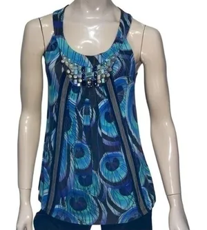 Anthropologie One September Women’s Size M Turquoise Peacock Print Tank Top thumbnail 1