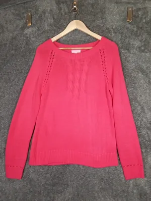 Lilly Pulitzer Bright Pink Cable Knit Crewneck Sweater Seana Pullover Womens L thumbnail 3