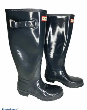 Hunter Original Tall Gloss Rain Boots Navy 5‎ NEW thumbnail 1