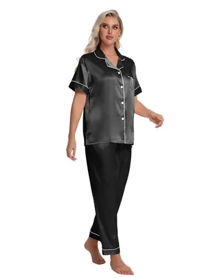 Women's Satin look/ feel Pajama Set - Black with White Piping thumbnail 5