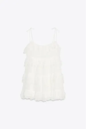 Zara White Ruffled Tie-Shoulder Bohemian Lace Trim Mini Dress thumbnail 11