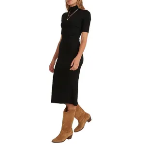 Marine‎ Layer Lexi Rib Mock Neck Midi Dress Womens XS Black Short Sleeve Slit thumbnail 3