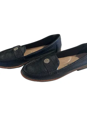 Anne Klein Iflex Loafers Women 8.5 Black Pebble Leather Gold Medallion Slip On thumbnail 3