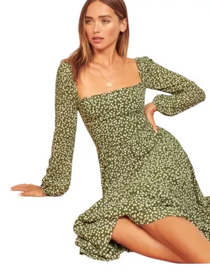 REFORMATION Kellie Maxi Tiered Dress Green Moiret Polka Dots Size 2 thumbnail 13