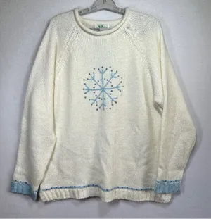 Quacker Factory Snowflake Sweater L Off White Cream Blue Sequins Winter Holiday thumbnail 1
