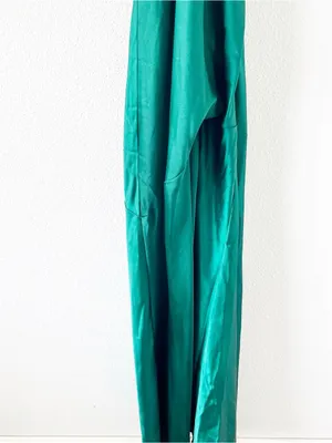 Revelry Amaya Emerald Green Satin Halter Open Back High Slit Formal Gown thumbnail 4