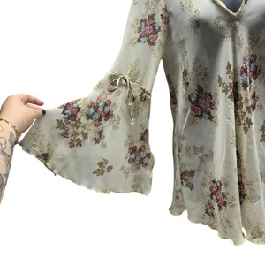 Vintage Floral Belle Sleeved Chiffon Sheer V-Neck Bohemian Blouse thumbnail 2