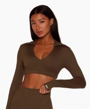 SET ACTIVE long-sleeved, collared brown crop top size small thumbnail 1
