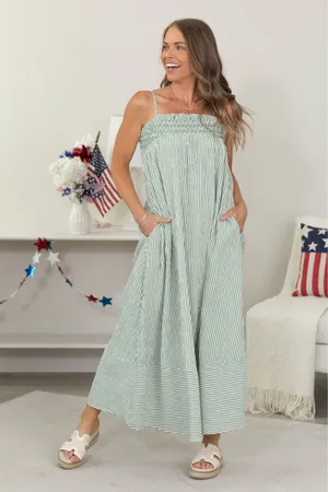 green and white stripped dress thumbnail 2