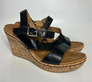 b.o.c. Wedge‎ Sandals Womens 10M Black Excellent Cork Strappy Slingback CBFK18 thumbnail 1