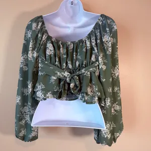 Altar'd State Sage Green Floral Peplum Blouse Tie Back Balloon‎ Sleeve XS Boho thumbnail 6