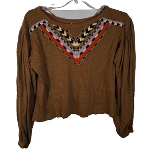 Free People Brown Cropped Shirt with‎ Colorful Design at neck size XS Boho thumbnail 1