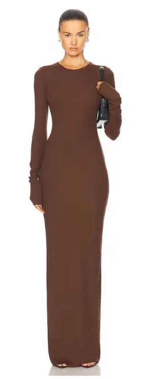 NWOT Eterne Chocolate Brown Long Sleeve Square Neck Ribbed Maxi Dress S thumbnail 1