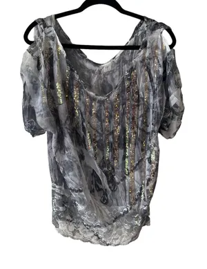 Sequin Women's Size Medium‎ Sheer Cold Shoulder Disco Lace Top Silver thumbnail 1