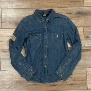HARLEY DAVIDSON 100% Cotton Vintage 2005 Y2k Western Denim Button-up | Sz Small thumbnail 1