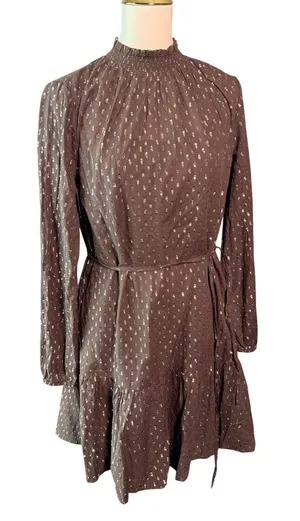 Gap Womens Brown Metallic Clip Dot Smocked High Neck Tiered Mini Dress Small NEW thumbnail 1