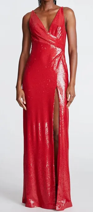 Halston Heritage Whitney Red Sequin Plunge Maxi Gown Size 4 thumbnail 1