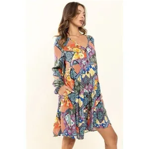 Ces femme Women Small Artsy Folksy Bohemian Patchwork Colorful Fall Chic Dress thumbnail 2