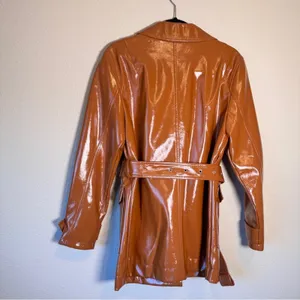 Topshop Brown Faux Patent Leather Trench Coat Jacket Womens 8 Preppy Fall Classy thumbnail 4
