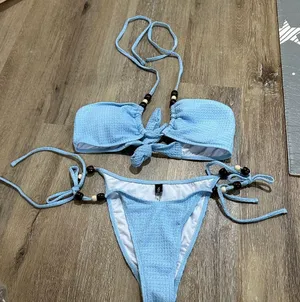 Light Blue Textured Bikini Set with bead accents halter top Size M thumbnail 1