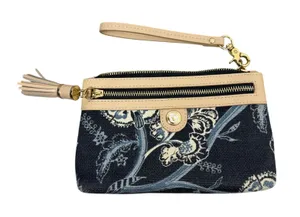 Spartina 449 Wristlet Womens OS Blue Floral Linen Leather Tassel Daufuskie * thumbnail 1