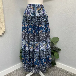 Sostanza Blue Floral Maxi Skirt Lined Stripe Patch 100% Cotton Boho Chic Casual thumbnail 2