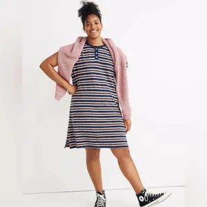 Madewell Striped Navy‎ Orange Pink Henley Dress NWT Size Small Hemp Cotton Blend thumbnail 2