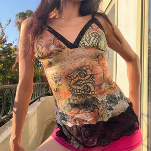 Y2K Fairy Grunge Tattoo Print Lace Cami ✮ Slit Hem Boho Corset Top Small thumbnail 3