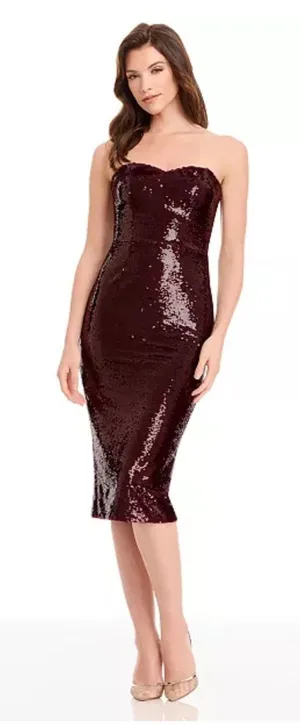 Dress the Population Strapless Sequin Midi Dress in Deep Burgundy thumbnail 1