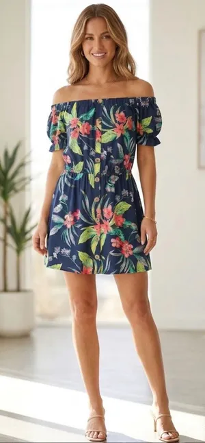 Off-Shoulder Floral Mini Dress in Navy thumbnail 1