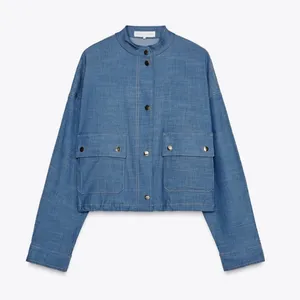 Zara NWT navy blue denim print pocket front bomber jacket thumbnail 2