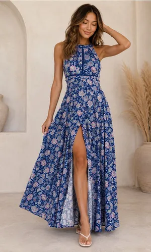 Abel The Label Blue Pink Floral Tie Back Bell Cottage Front Slit Maxi‎ Dress thumbnail 1