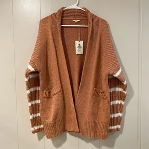 Easel Los Angeles Brown Knit Cardigan White Stripe Sleeves Open Front Size M thumbnail 2