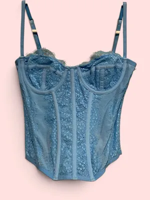 Cute baby blue lace mesh longline corset bustier coquette fairy crop thumbnail 1