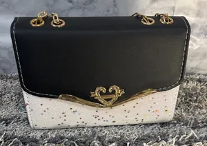 Black & White Glitter Shoulder Bag with Gold Chain thumbnail 1
