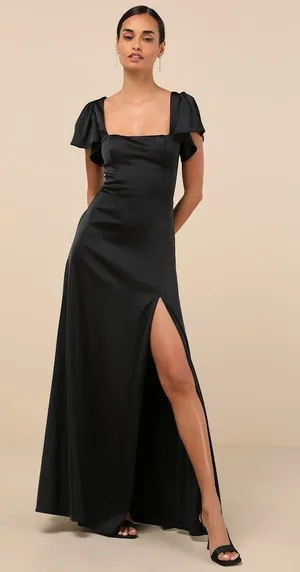NWT Lulus Ultimate Sweetness Black Satin Flutter Sleeve Maxi Dress Holiday Sz XL thumbnail 1
